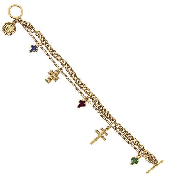 Gold-Tone Blue, Red, & Green Enamel Multiple Cross Charm Bracelet