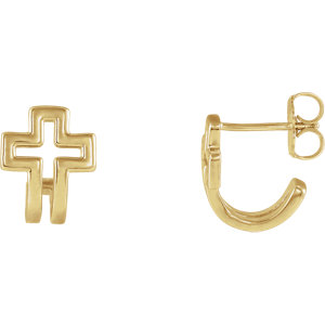 14K Gold Open Cross J-Hoop Earrings