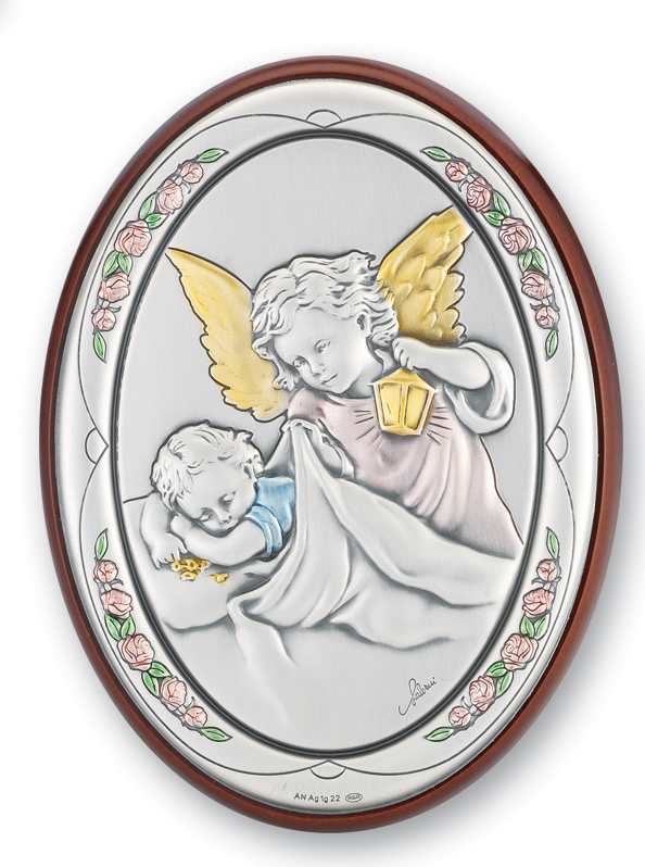 4-inch by 3-inch Sterling Silver Guardian Angel Watching Over Baby Plaque
