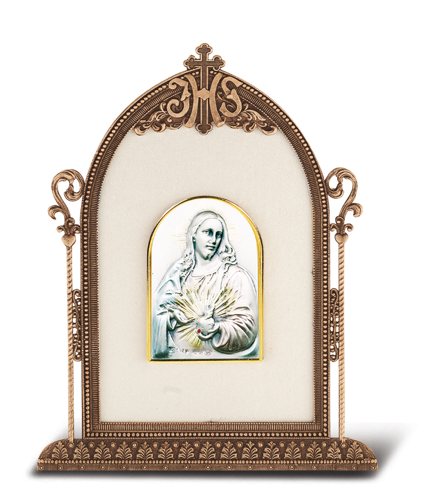Antique Bronze Gold Plated Metal Frame with Sterling Silver Sacred Heart Image