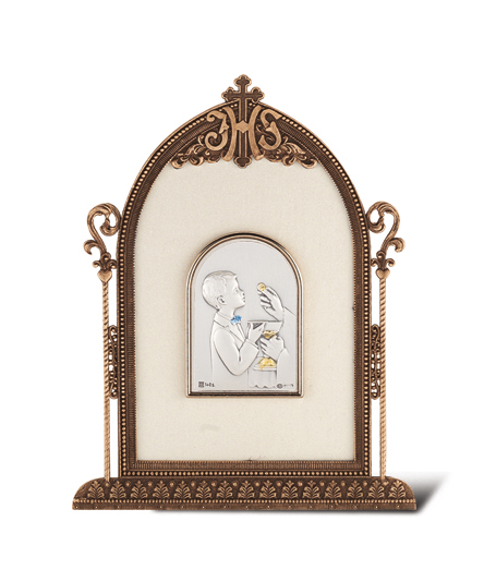 Antique Bronze Gold Plated Metal Frame with Sterling Silver Communion Boy Image