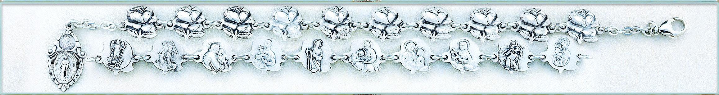 Sterling Silver Rose Bud Beads with Saint Images on Bracelet