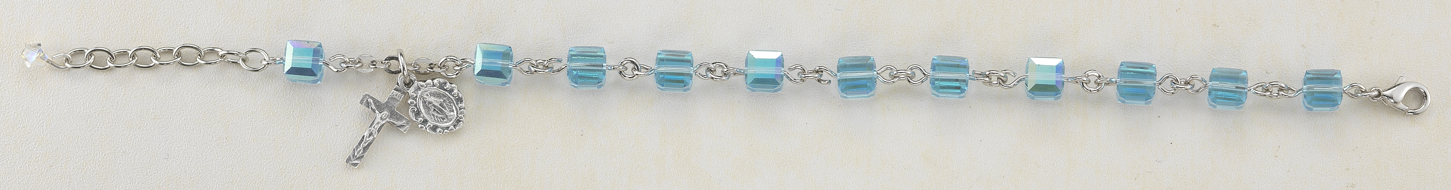 6mm Aqua Finest Austrian Crystal Cube Rosary Bracelet