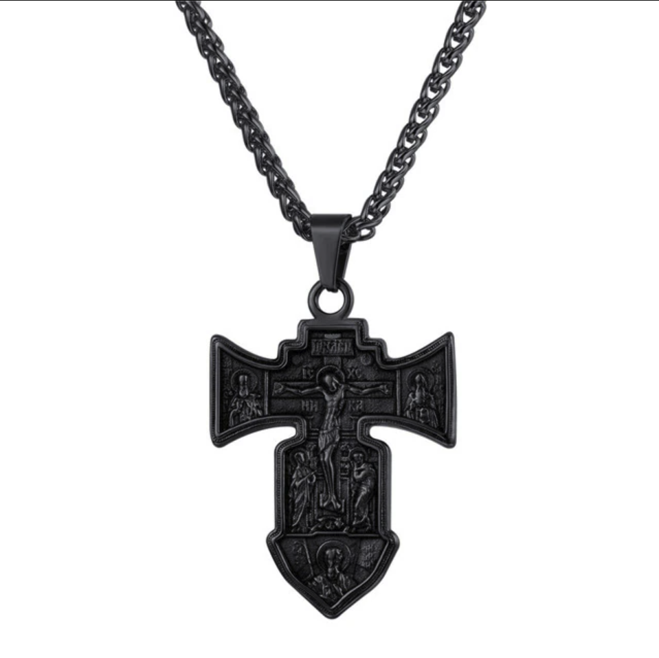Gunmetal-Plated Orthodox Crucifix Cross Necklace