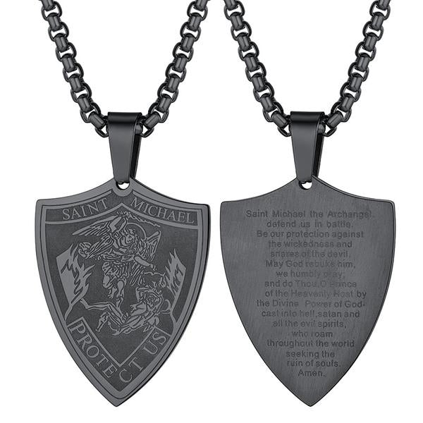 Gunmetal-Plated St. Michael the Archangel Shield Necklace