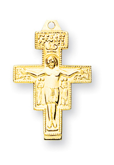 13/16-inch Gold Over Sterling Silver San Damiano Crucifix with 18-inch Chain