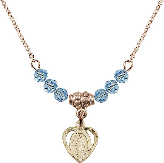 18-Inch Gold Plated Marian Necklace with 4mm Aqua Beads
