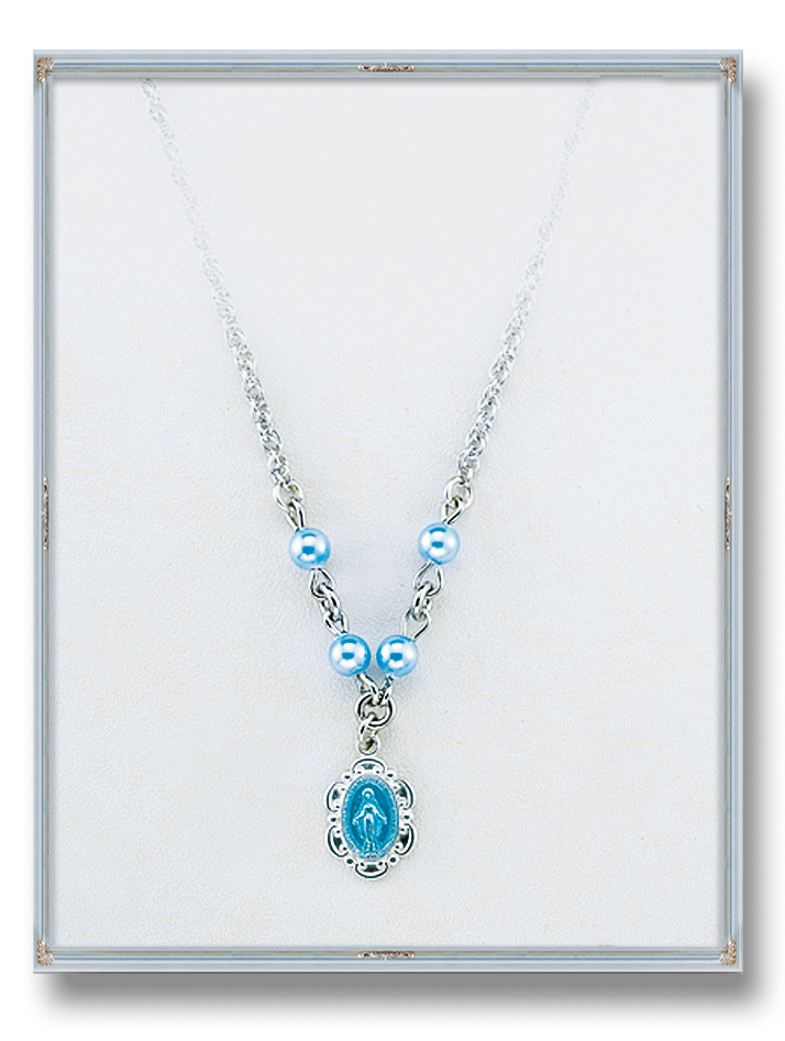 4mm Blue Finest Austrian Crystal Pearls with Sterling Silver Blue Enamel Miraculous Pendant 18-inch Chain