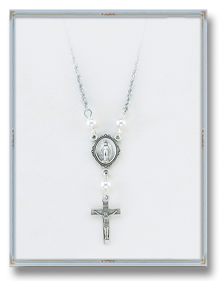 4mm White Finest Austrian Crystal Pearl Pendant with Sterling Silver Miraculous Medal and Crucifix 18-inch Chain