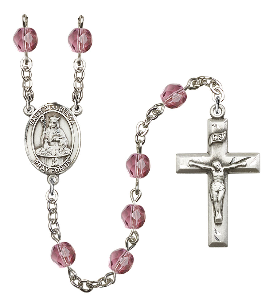 18-Inch Rhodium Plated Necklace with 6mm Zircon Birthstone Beads and Sterling Silver Saint Walburga Charm. 