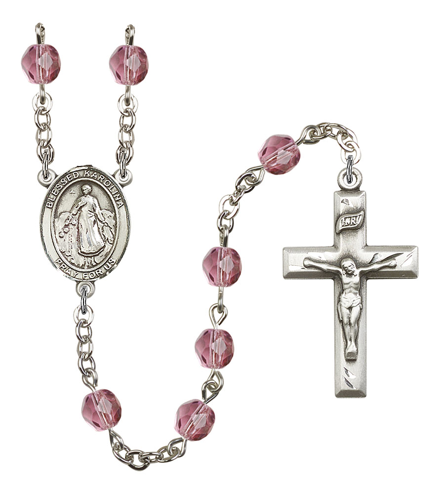 18-Inch Rhodium Plated Necklace with 6mm Zircon Birthstone Beads and Sterling Silver Our Lady of Mercy Charm. 