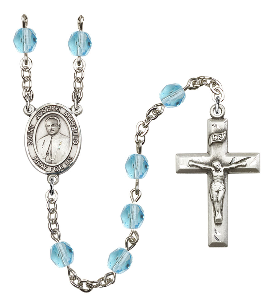 18-Inch Rhodium Plated Necklace with 4mm Aqua Birthstone Beads and Sterling Silver Saint Joseph Charm.