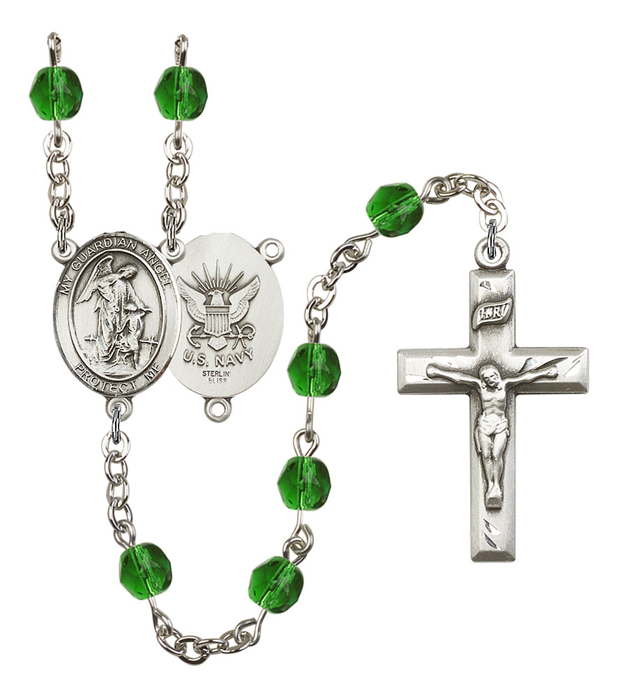 Guardian Angel and Navy Rosary with Emerald Beads