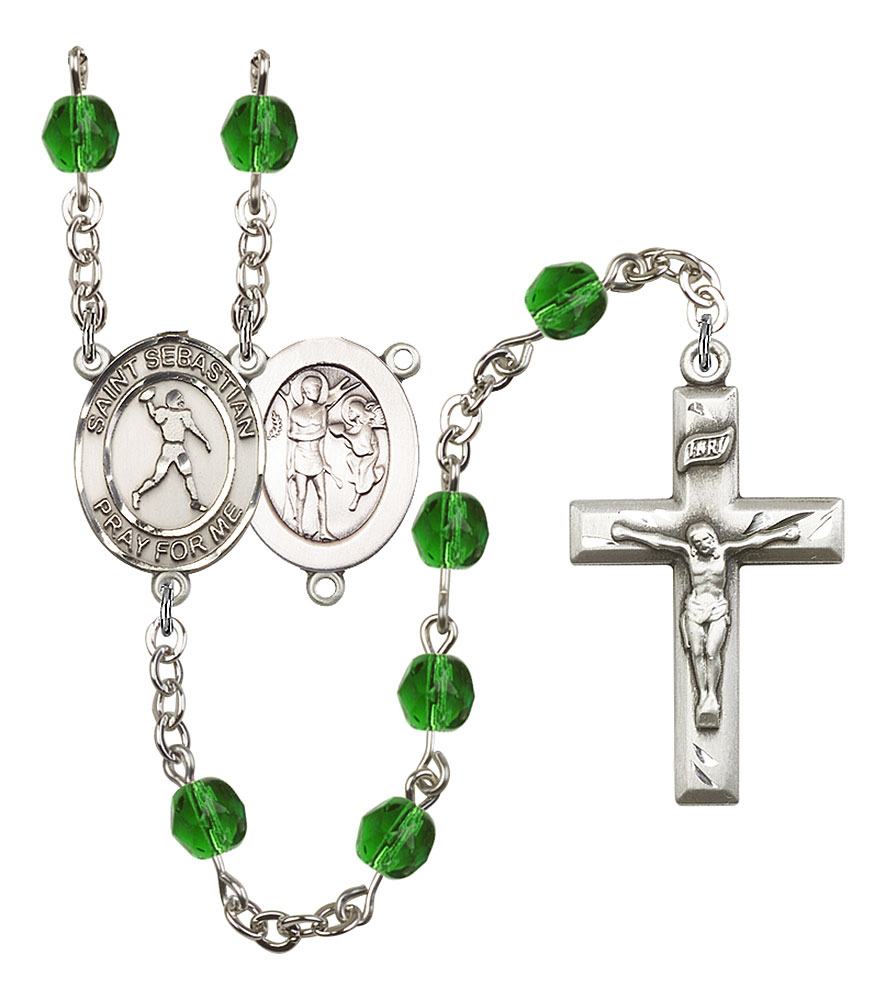 Saint Sebastian and Football Rosary with Emerald Beads