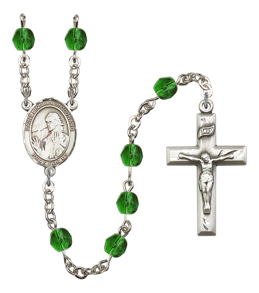 Saint Finnian of Clonard Engravable Rosary with Emerald Beads