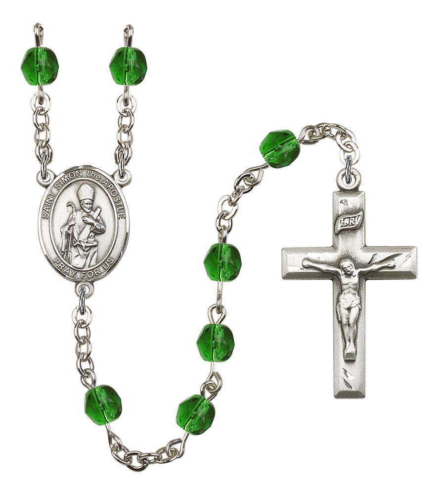 Saint Simon the Apostle Engravable Rosary with Emerald Beads