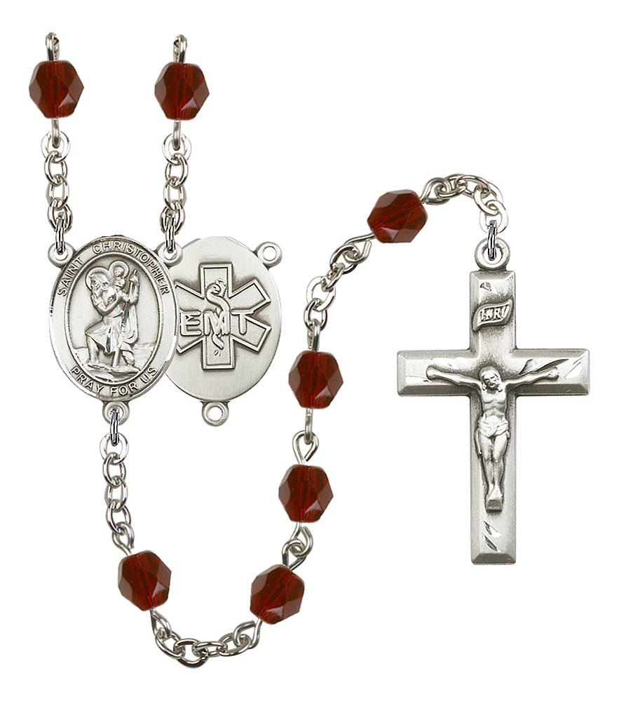 Saint Christopher and EMT Rosary with Garnet Beads