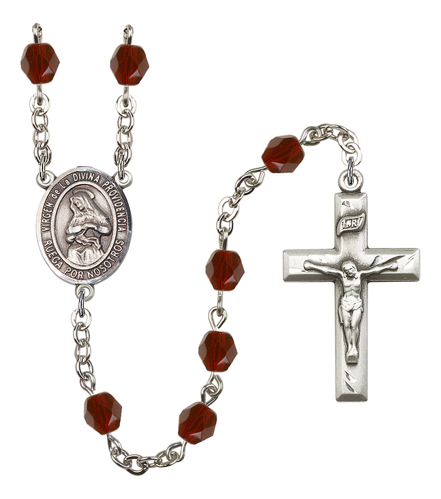 Virgen de la Divina Providencia Engravable Rosary with Garnet Beads