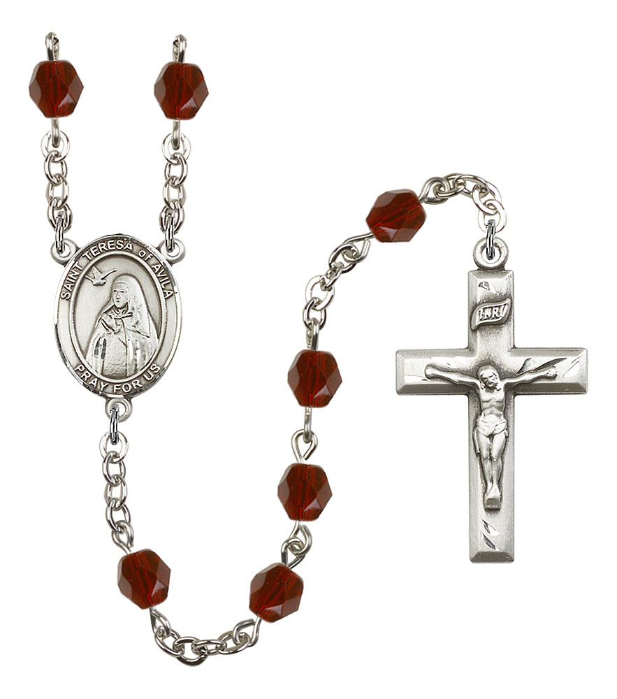 18-Inch Rhodium Plated Necklace with 6mm Garnet Birthstone Beads and Sterling Silver Saint Placidus Charm.