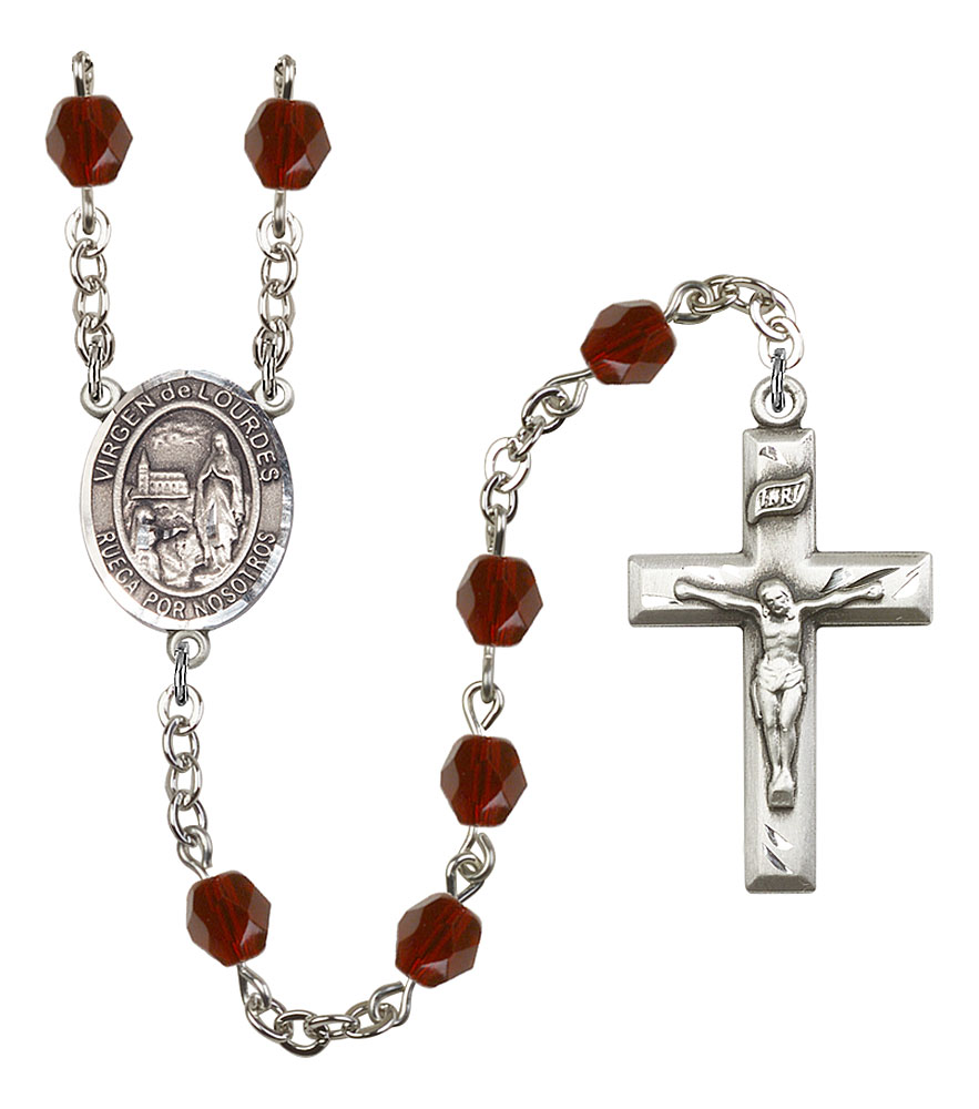 Gift Boxed Virgen Milagrosa Center Silver Finish Virgen Milagrosa Rosary with 8x6mm Black Onyx Beads and 1 3/4 x 1 inch Crucifix 