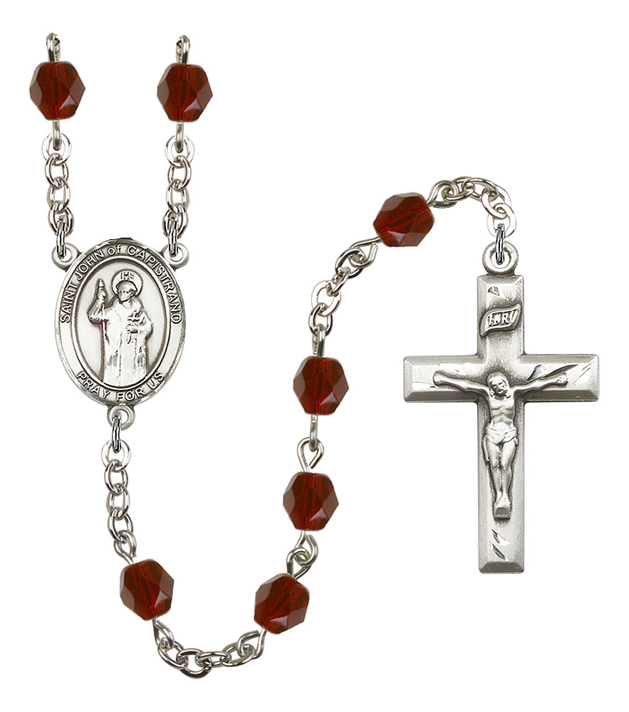 18-Inch Rhodium Plated Necklace with 6mm Amethyst Birthstone Beads and Sterling Silver Saint John of Capistrano Charm. 