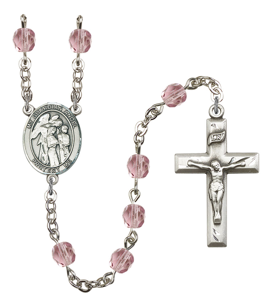 Guardian Angel with Children Engravable Rosary with Light Amethyst Beads