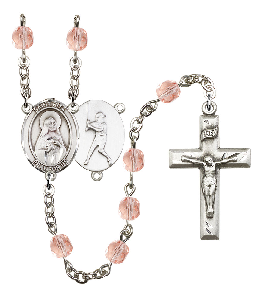Saint Rita and Baseball Rosary with Pink Beads