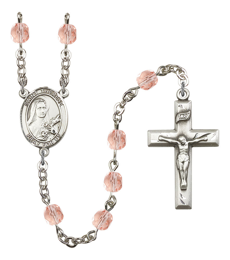Saint Therese of Lisieux Engravable Rosary with Pink Beads