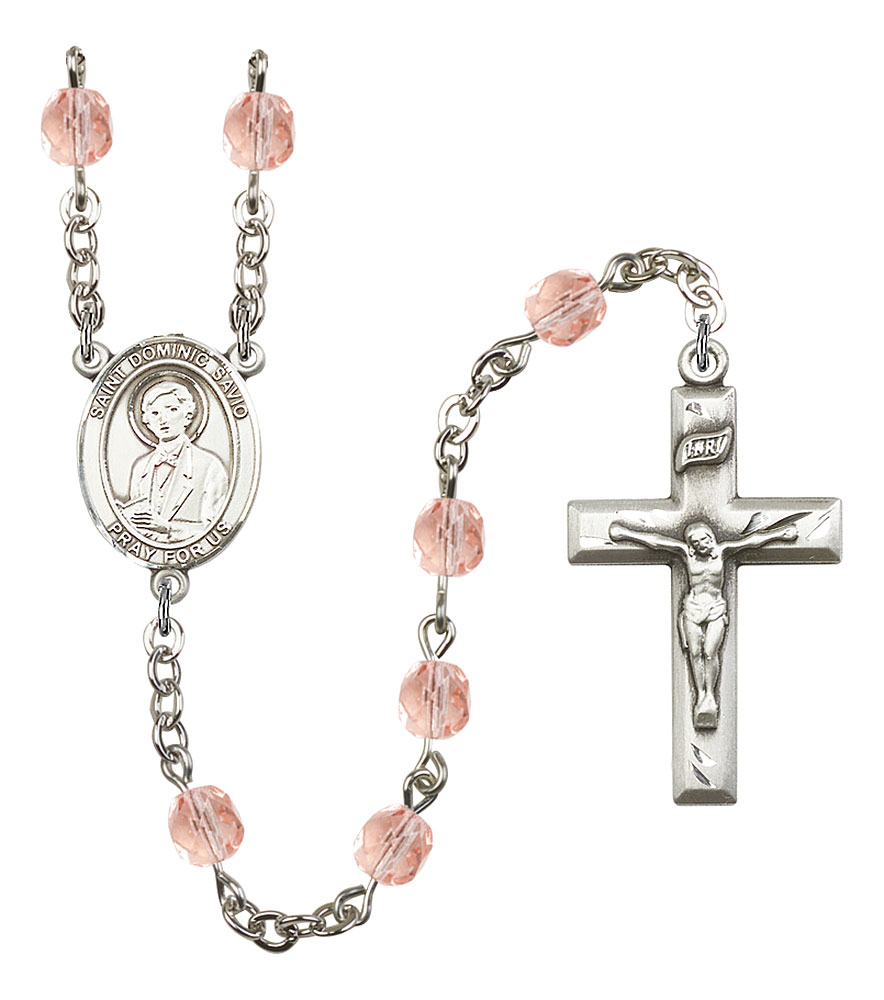 The charm features a St Dominic Savio medal. The Crucifix measures 5/8 x 1/4 Silver Plate Rosary Bracelet features 6mm Amethyst Fire Polished beads