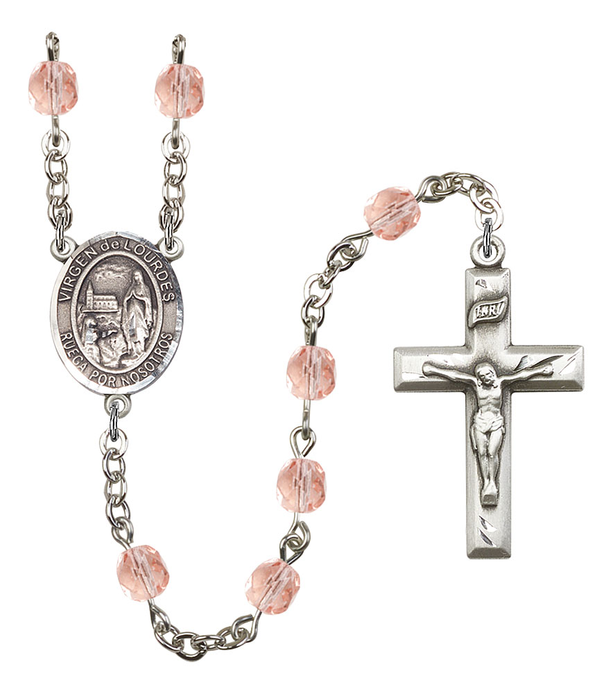 Virgen del Lourdes Engravable Rosary with Pink Beads