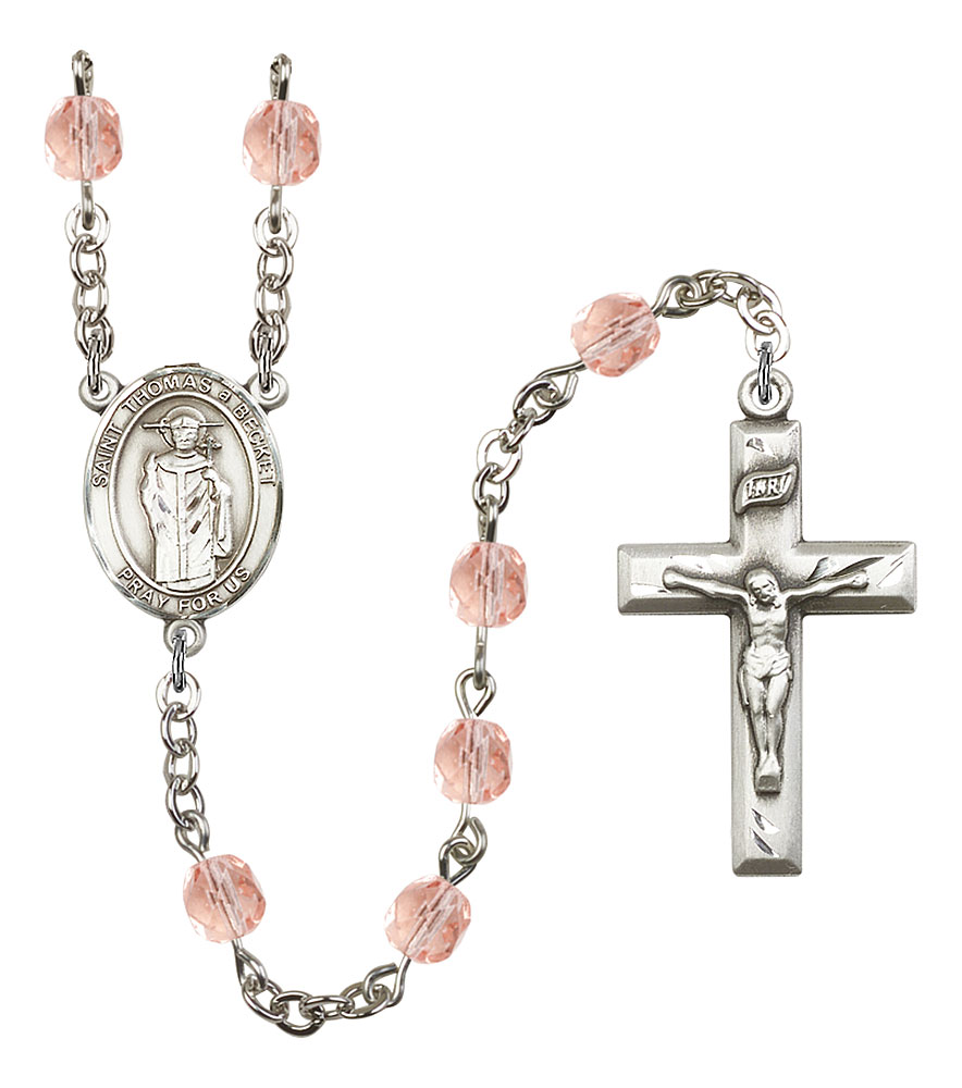 Saint Thomas A Becket Engravable Rosary with Pink Beads