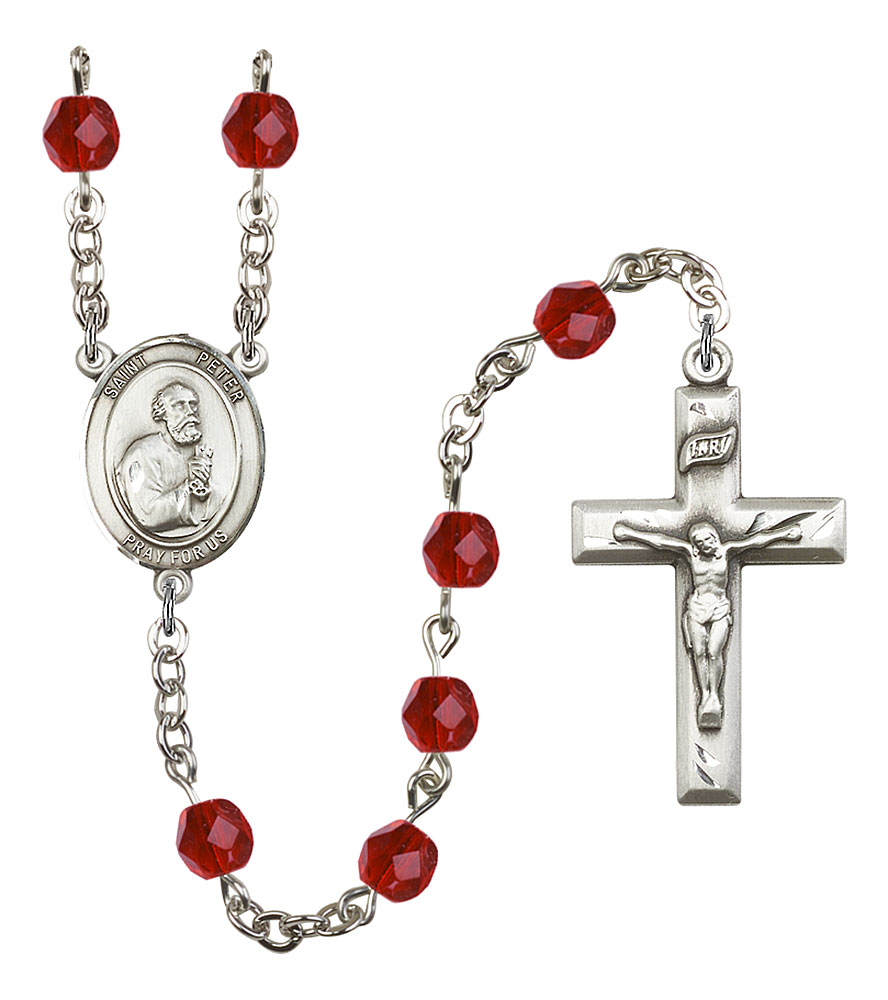 Saint Peter the Apostle Engravable Rosary with Ruby Beads