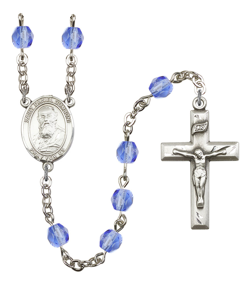 Saint Daniel Comboni Engravable Rosary with Sapphire Beads