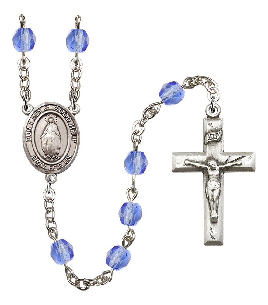 Our Lady of Good Help Engravable Rosary with Sapphire Beads