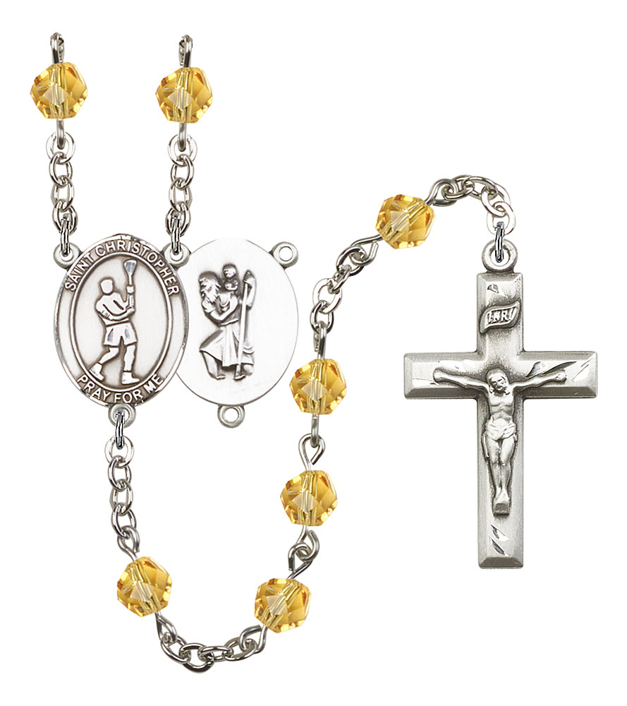 Saint Christopher and Lacrosse Rosary with Topaz Beads