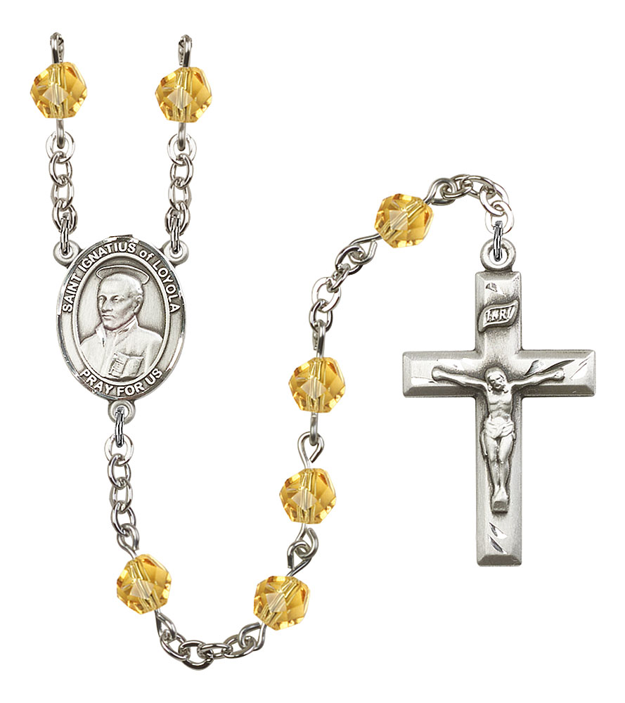 Saint Ignatius of Loyola Engravable Rosary with Topaz Beads