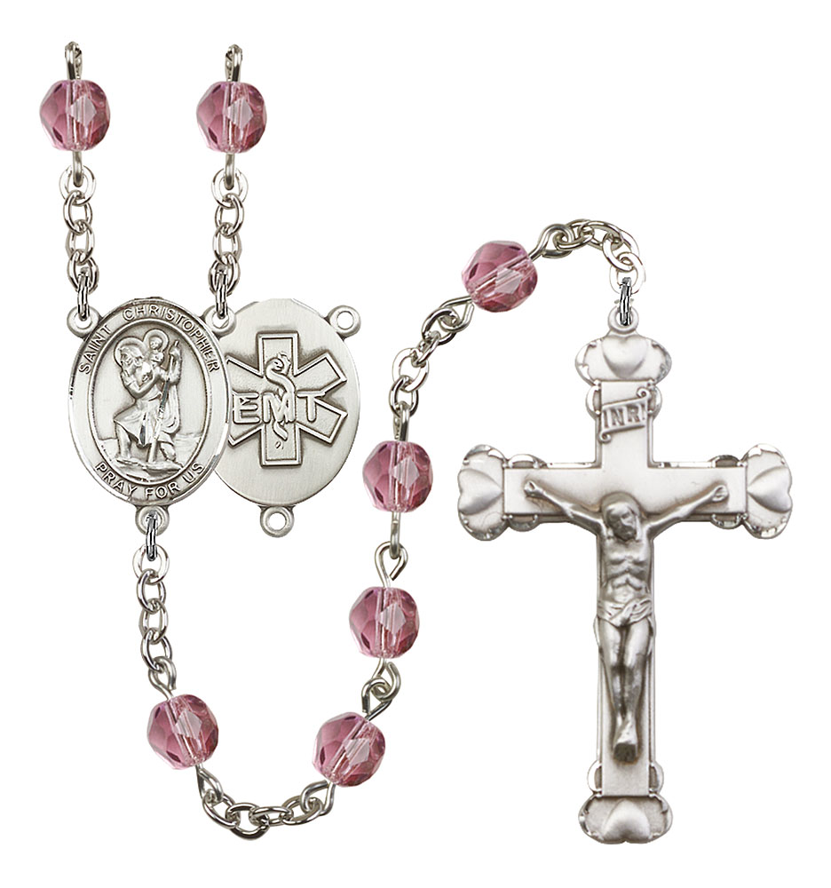 Saint Christopher and EMT Rosary with Amethyst Beads