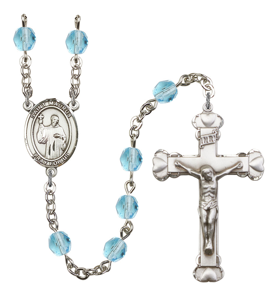 Saint Maurus Engravable Rosary with Aqua Beads
