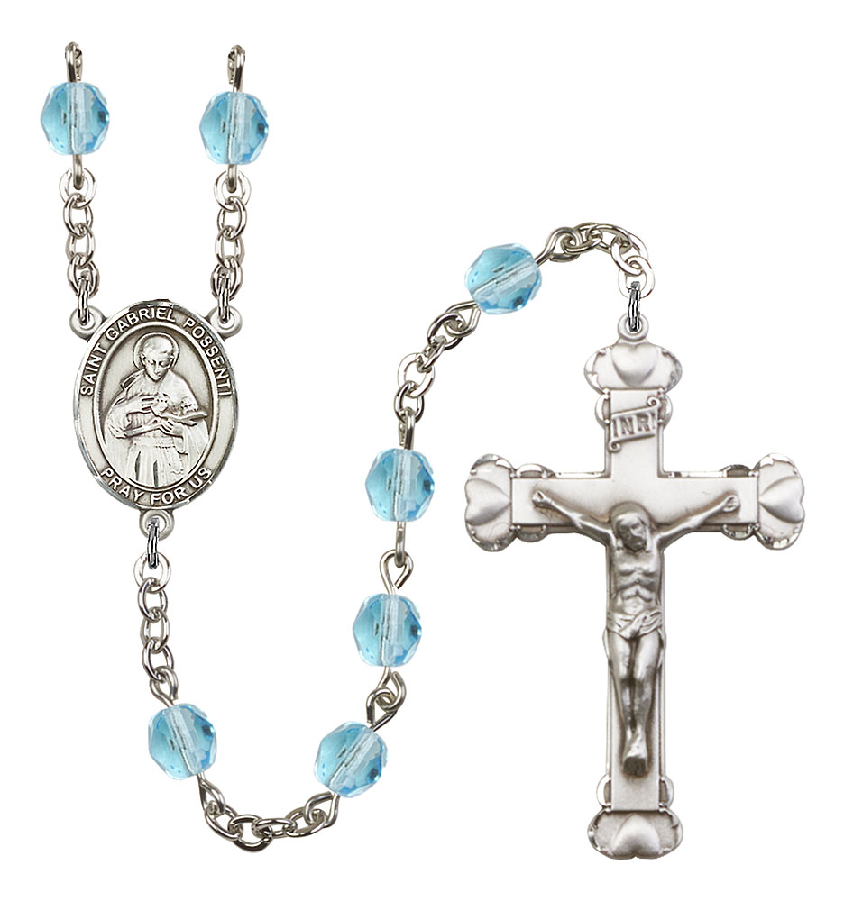 18-Inch Rhodium Plated Necklace with 6mm Aqua Birthstone Beads and Sterling Silver Saint Gabriel Possenti Charm.