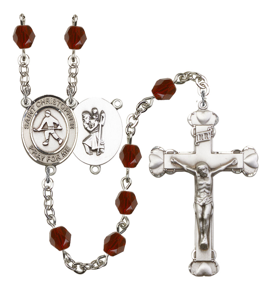 Saint Christopher and Field Hockey Rosary with Garnet Beads