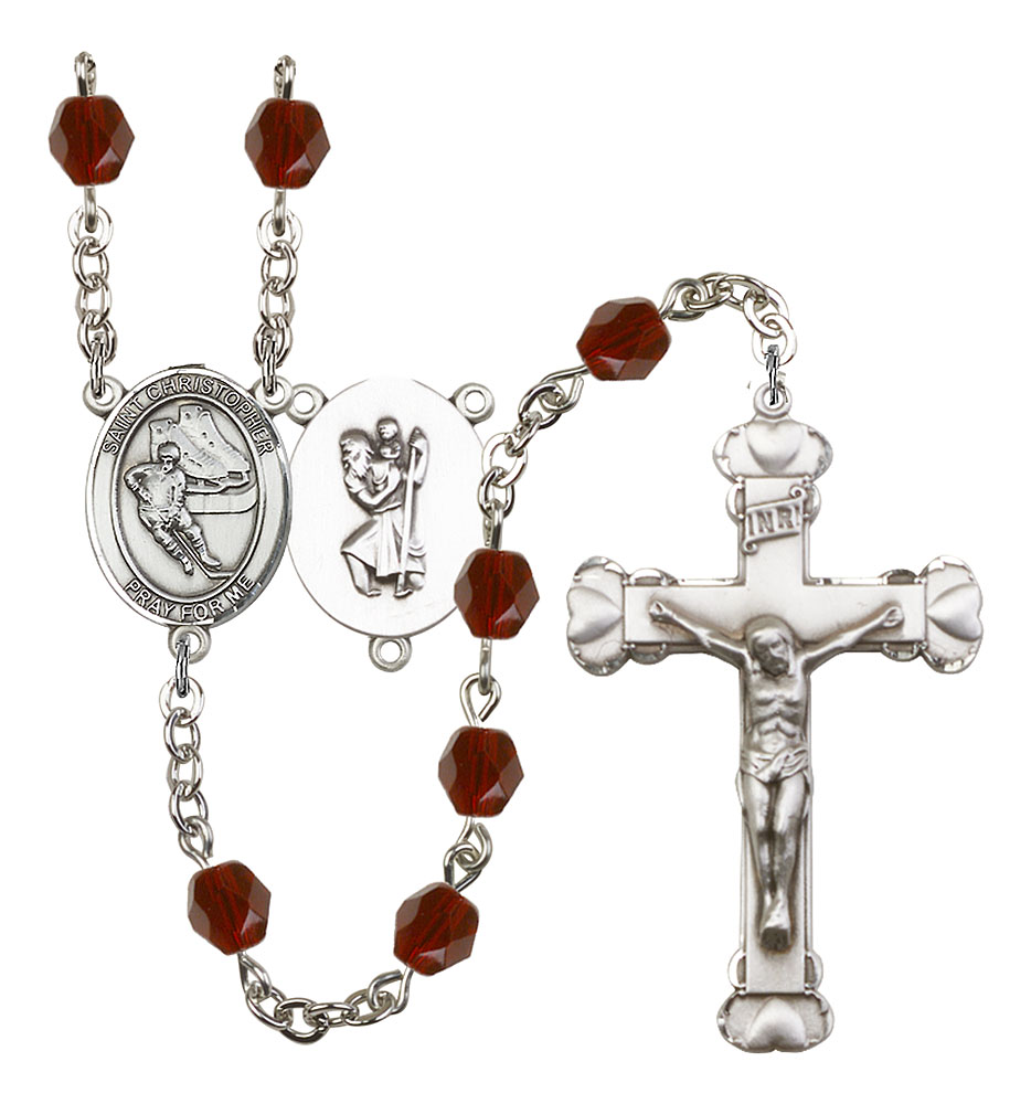 Saint Christopher and Hockey Rosary with Garnet Beads