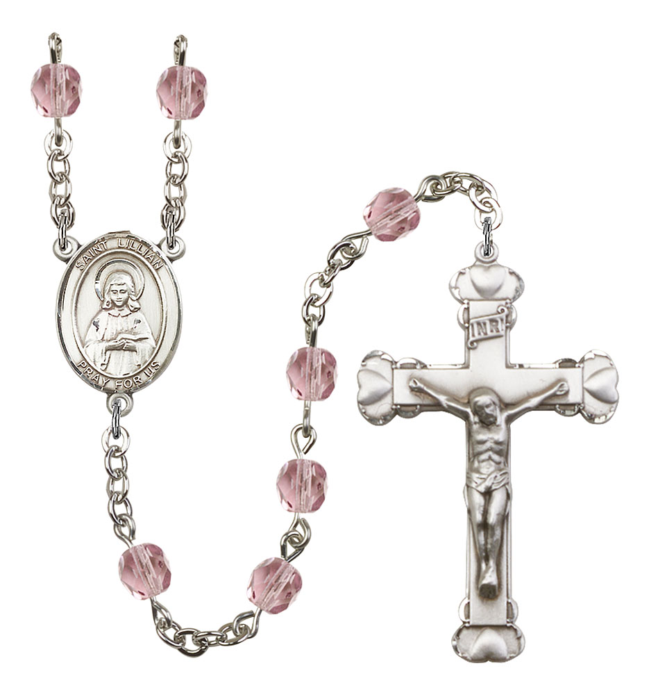 18-Inch Rhodium Plated Necklace with 4mm Amethyst Birthstone Beads and Sterling Silver Saint Louise de Marillac Charm.