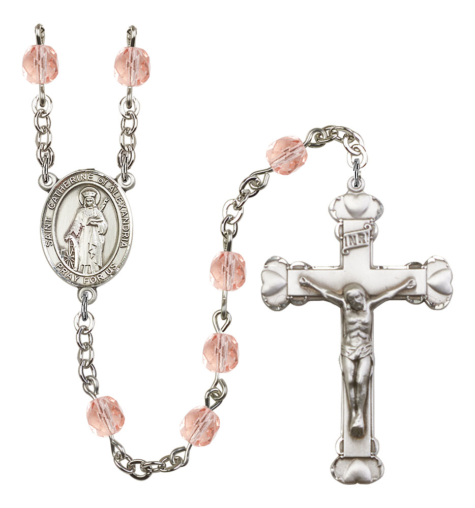 Saint Catherine of Alexandria Engravable Rosary with Pink Beads