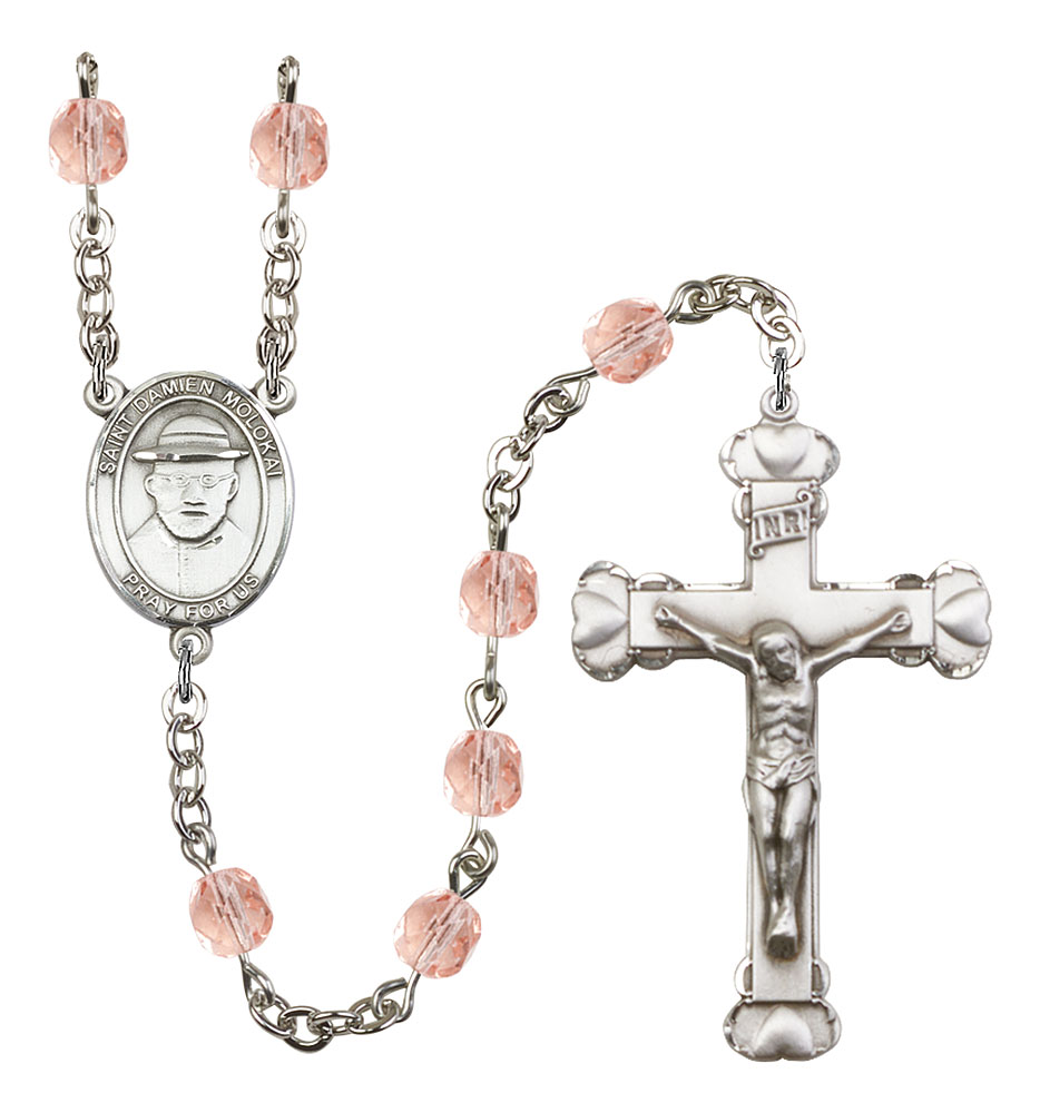 Saint Damien of Molokai Engravable Rosary with Pink Beads