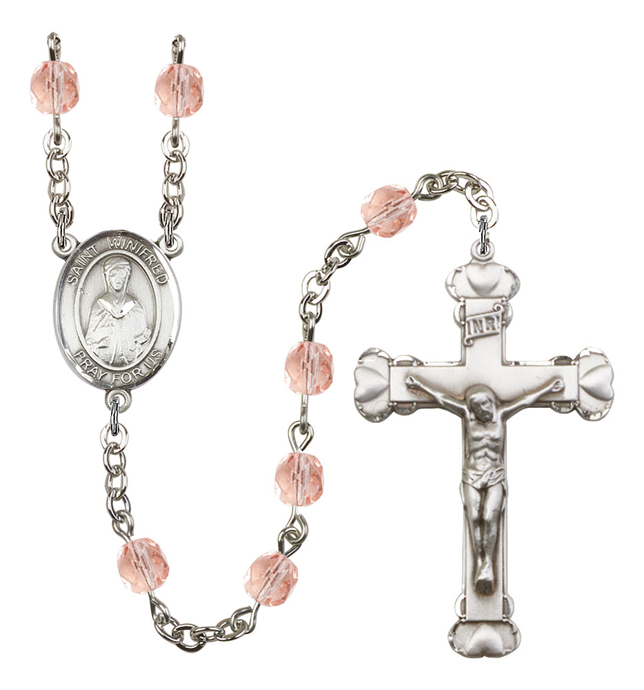Saint Winifred of Wales Engravable Rosary with Pink Beads