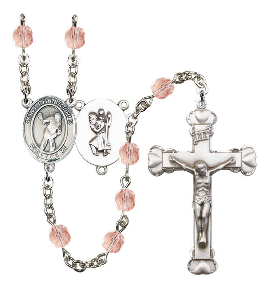 Saint Christopher and Lacrosse Rosary with Pink Beads