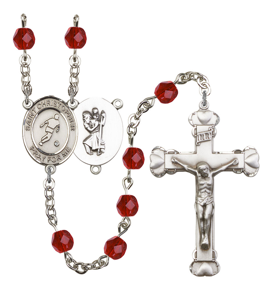 Saint Christopher and Soccer Rosary with Ruby Beads