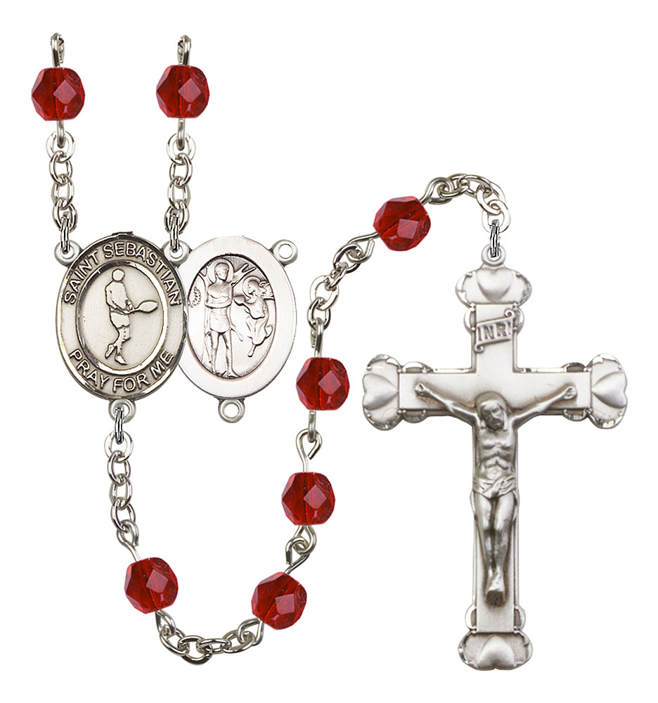 Saint Sebastian and Tennis Rosary with Ruby Beads