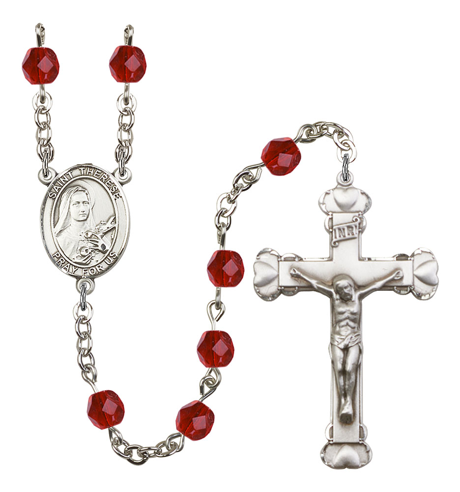 Saint Therese of Lisieux Engravable Rosary with Ruby Beads