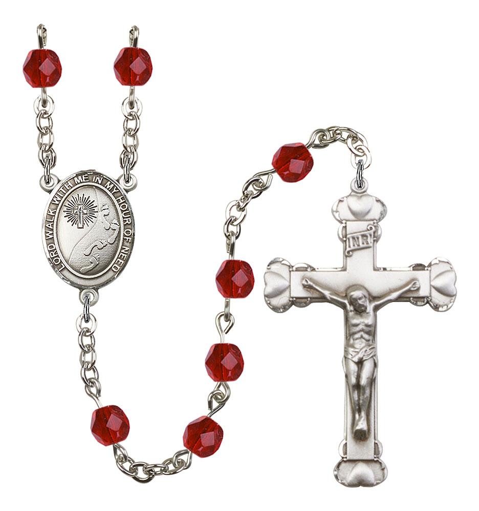 Footprints and Cross Engravable Rosary with Ruby Beads